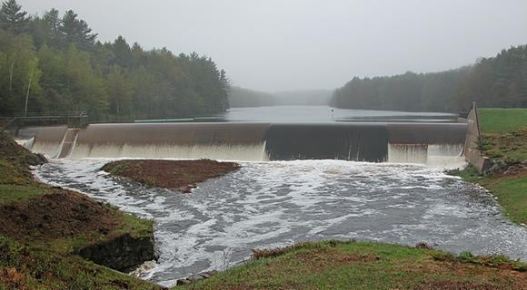 Bellamy Reservoir dam at full overflow.